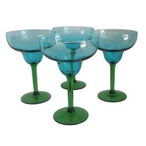 Hand Blown Margarita Glasses Turquoise Blue With Green Stems Set Of 4